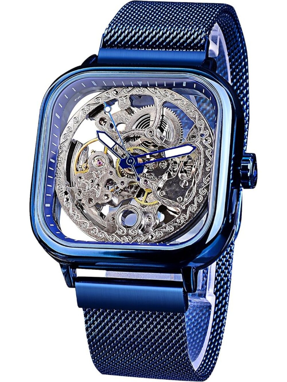 Men's Blue Automatic Mechanical Skeleton Stainless Steel Transparent Dial Watch